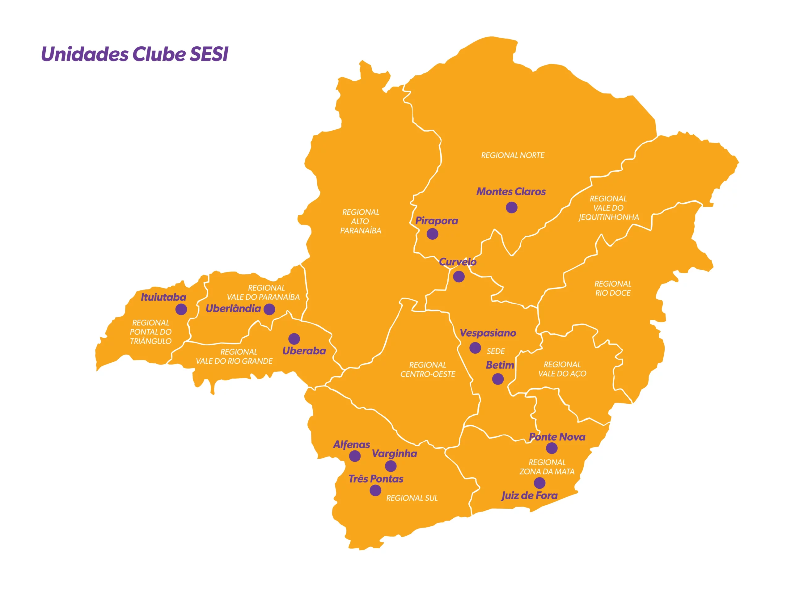 Mapa de minas gerais sinalizando as cidades que contem clubes sesi 