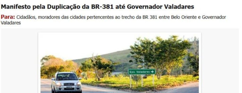 Com a participação da FIEMG, manifesto cobra duplicação da BR-381 até Governador Valadares